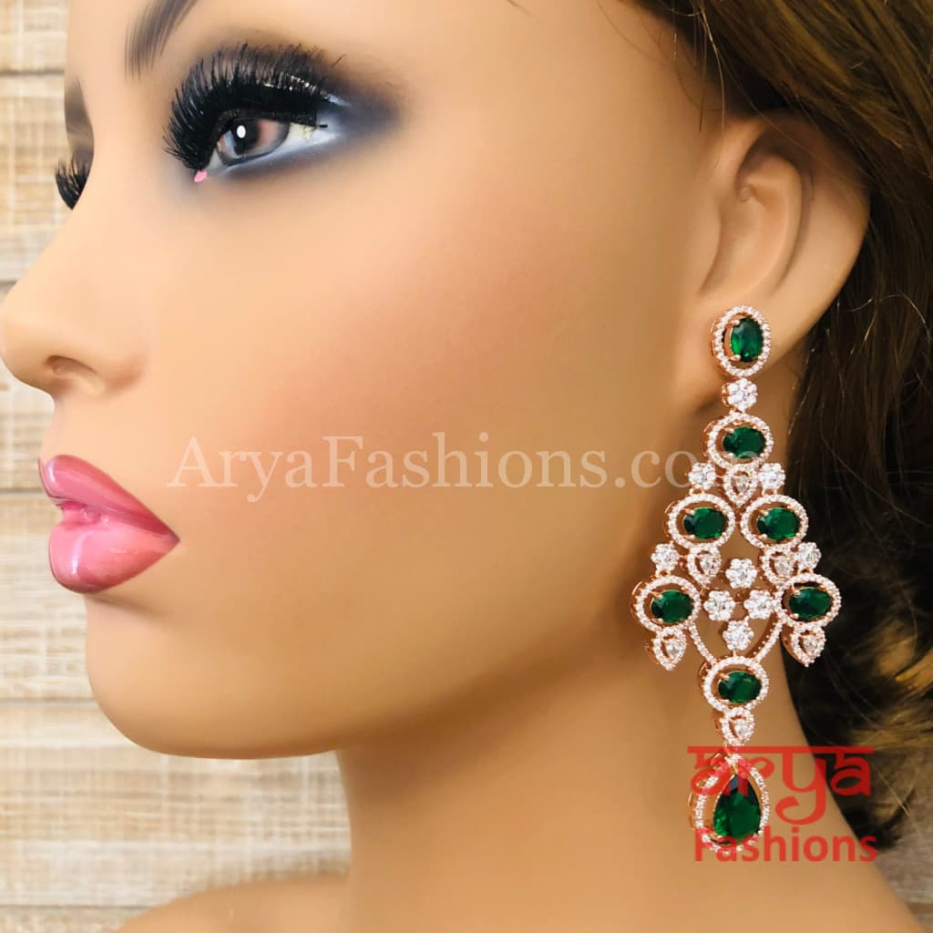 Rose Gold CZ Chandelier Earrings / Silver Colored Stones Chandbali