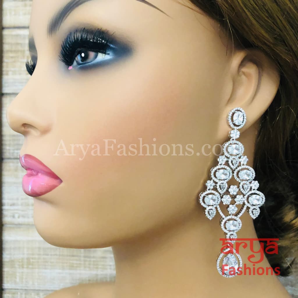 Rose Gold CZ Chandelier Earrings / Silver Colored Stones Chandbali