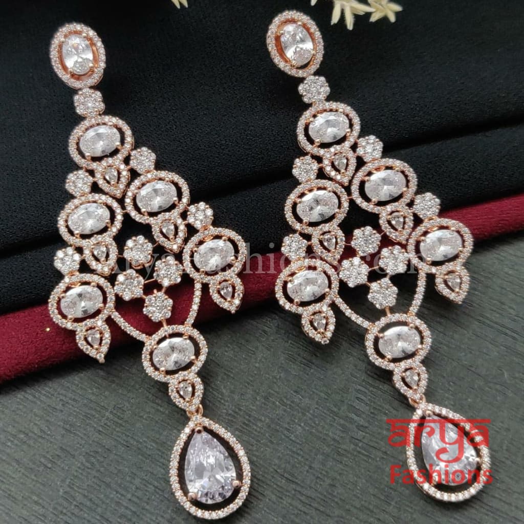 Rose Gold CZ Chandelier Earrings / Silver Colored Stones Chandbali