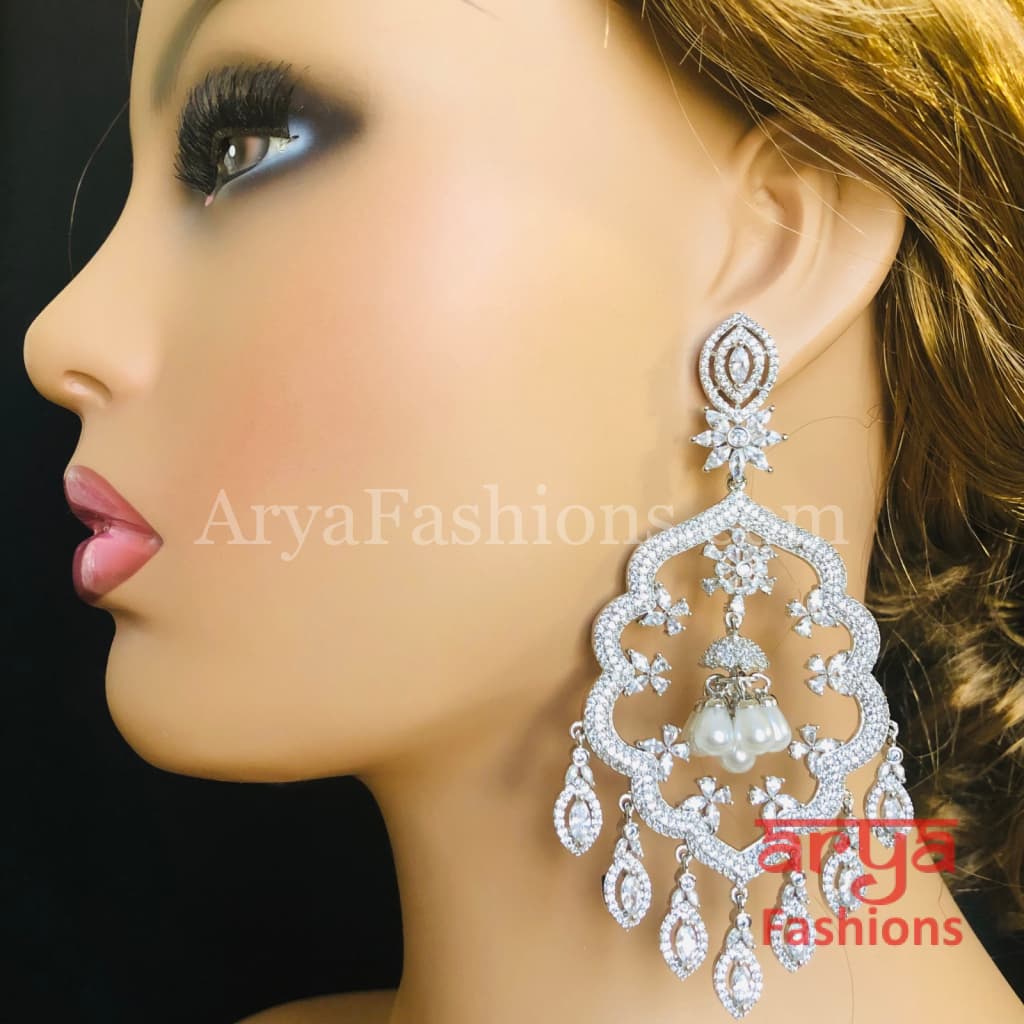 Rose Gold CZ Long Designer Cocktail Earrings / Silver Chandelier