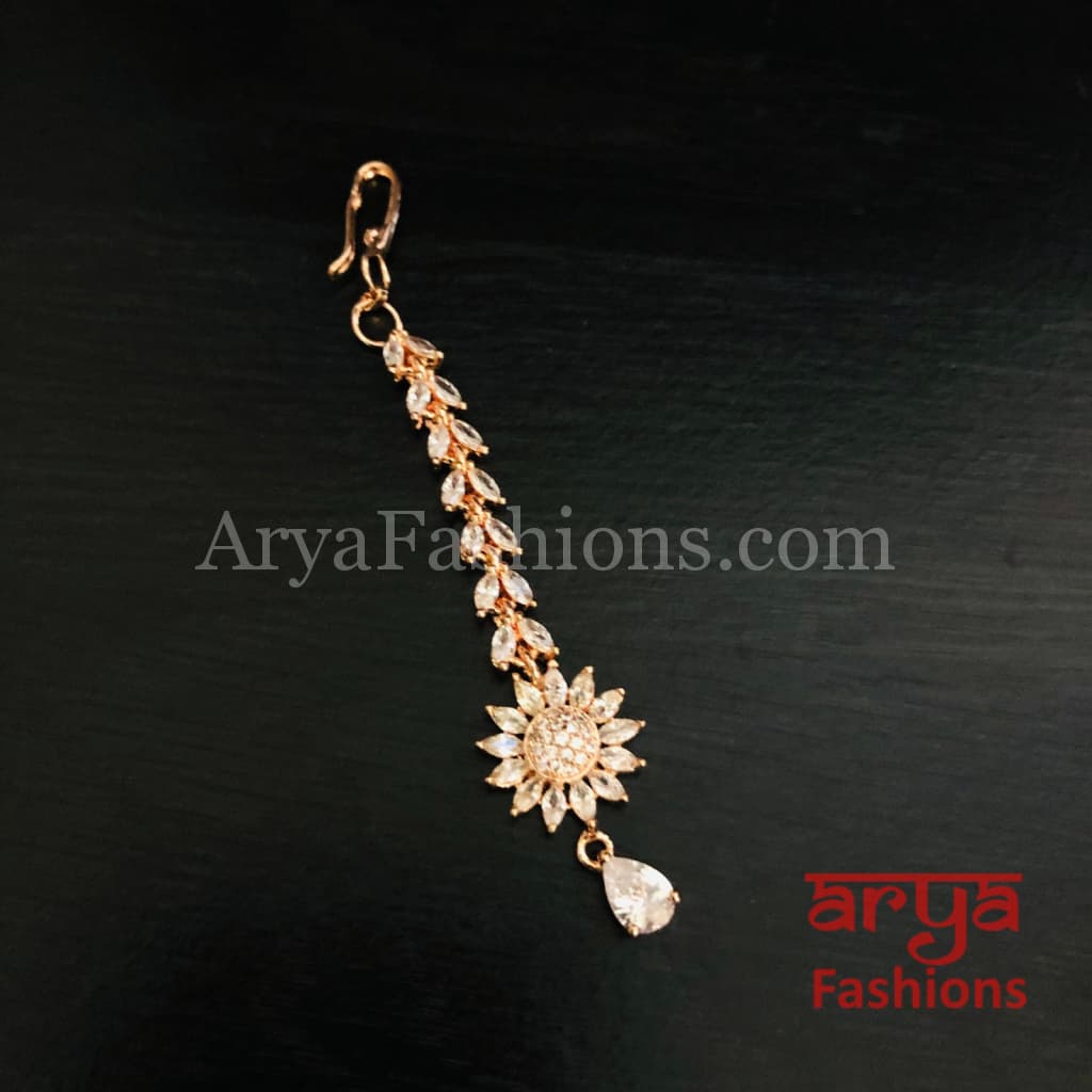 Rose Gold Silver CZ Mang Tika/ Maang Tikka