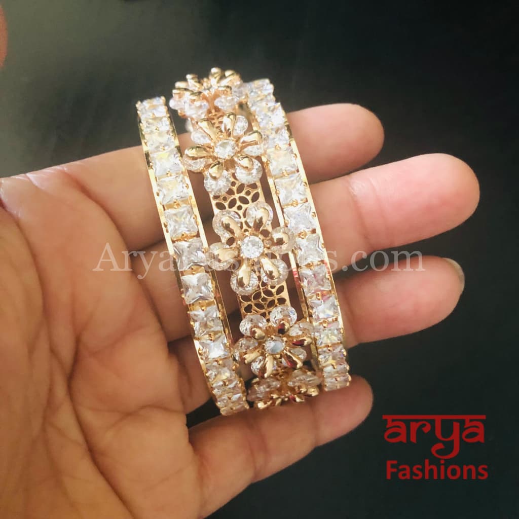 Rose Gold White Stone Designer Bridal Bangles Set