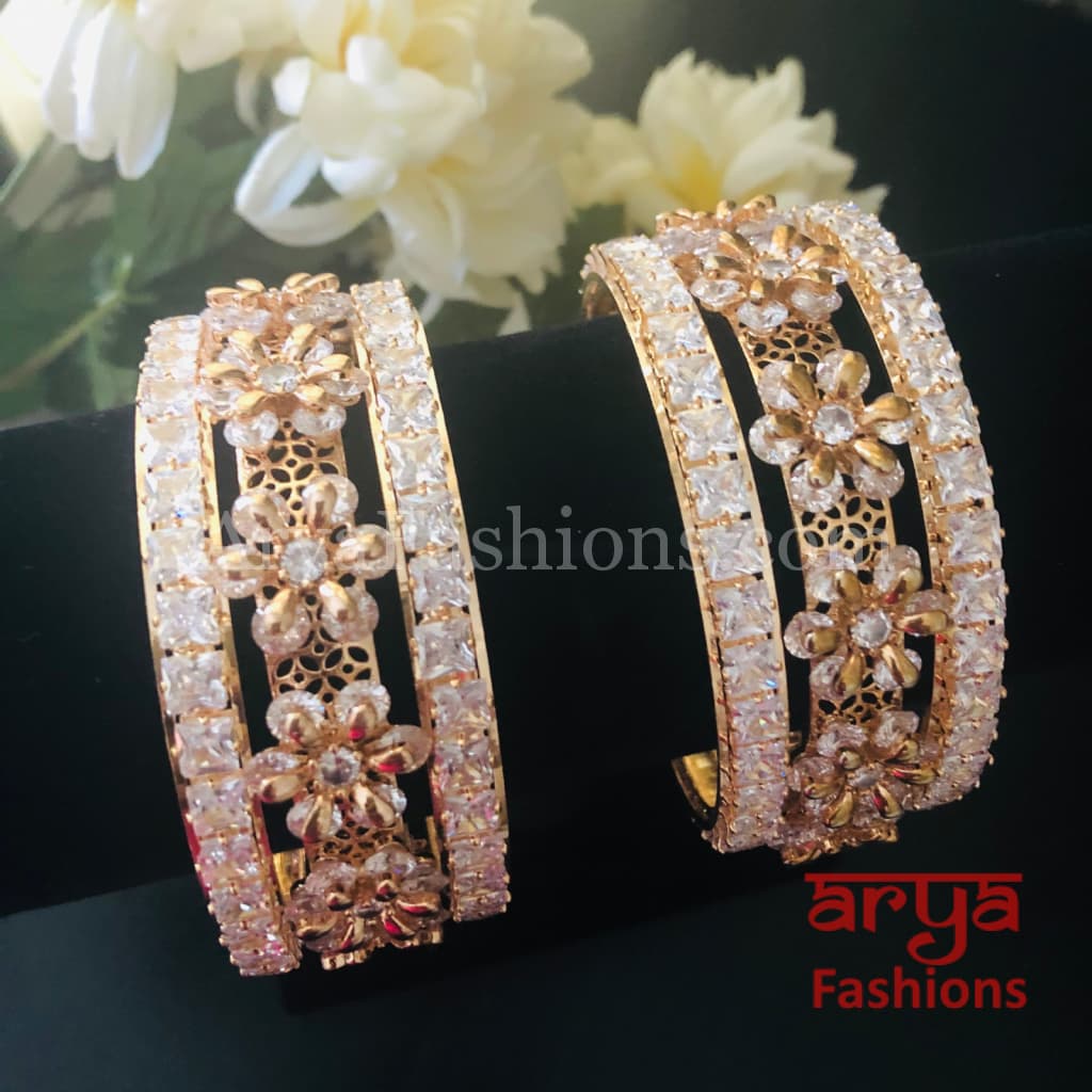Rose Gold White Stone Designer Bridal Bangles Set