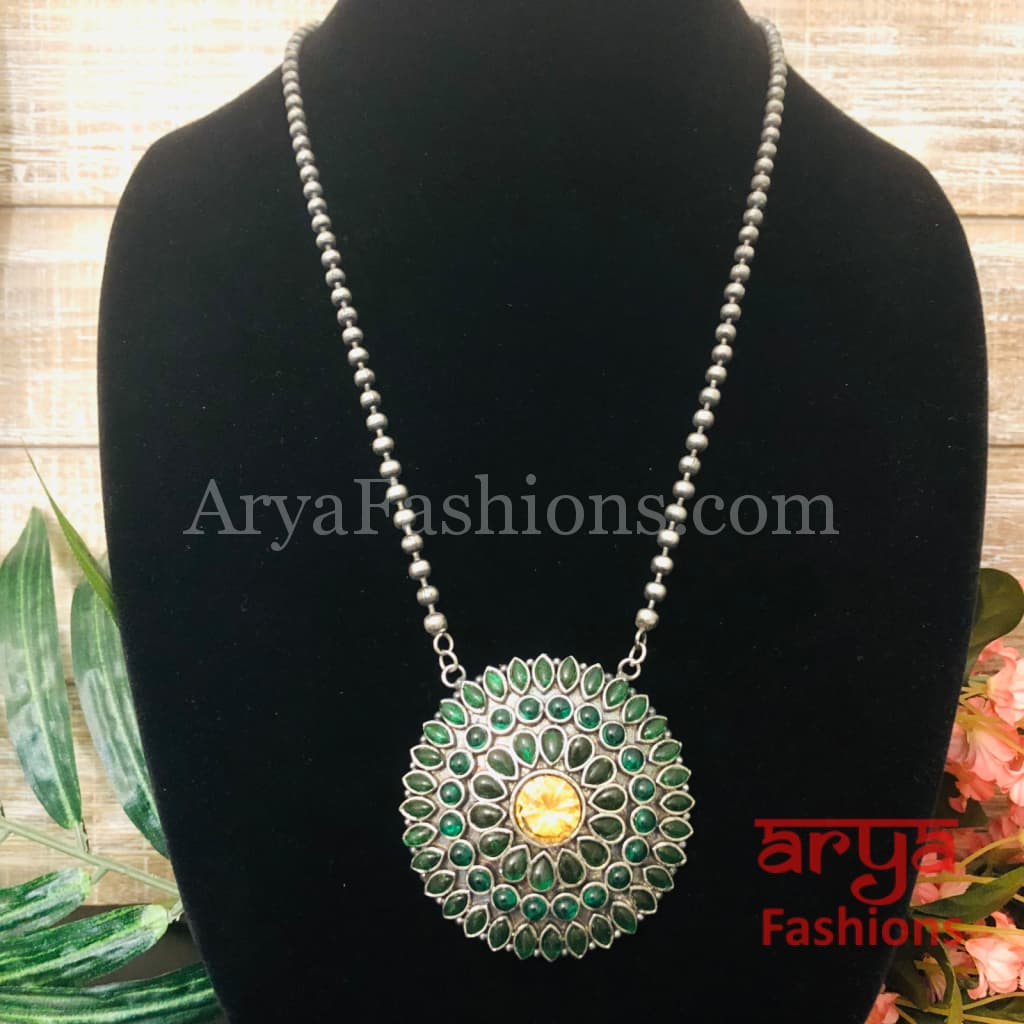 Round Multicolor Stones Oxidized Silver Pendant with Chain