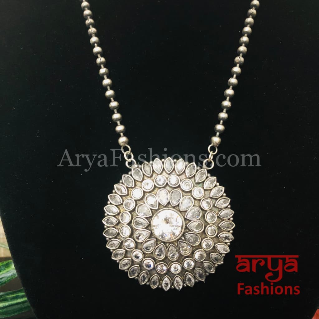 Round Multicolor Stones Oxidized Silver Pendant with Chain
