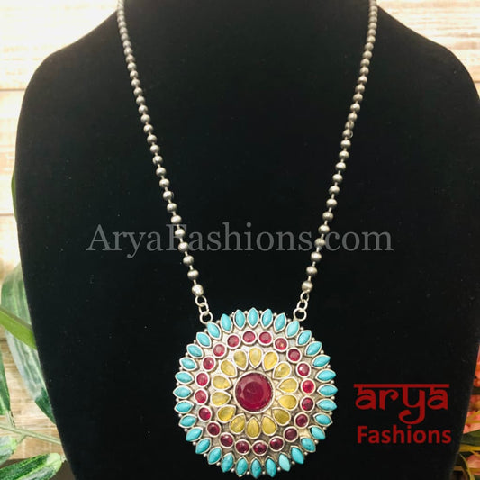 Round Multicolor Stones Oxidized Silver Pendant with Chain