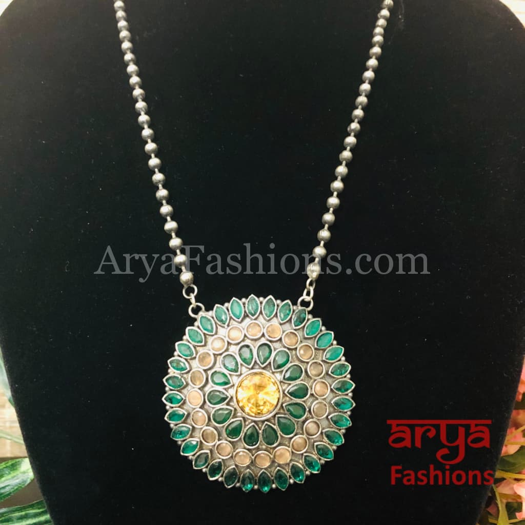 Round Multicolor Stones Oxidized Silver Pendant with Chain