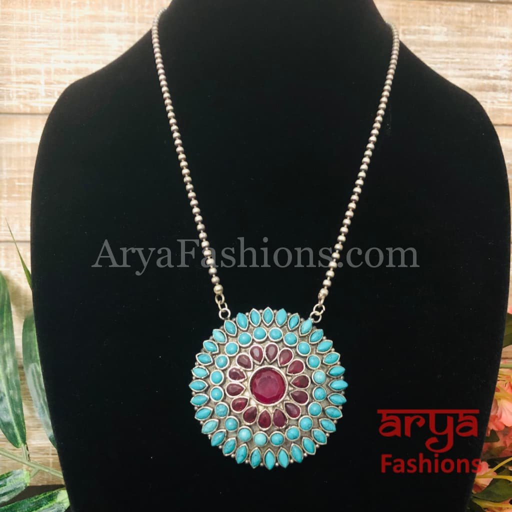 Round Multicolor Stones Oxidized Silver Pendant with Chain