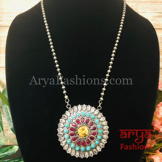 Round Multicolor Stones Oxidized Silver Pendant with Chain