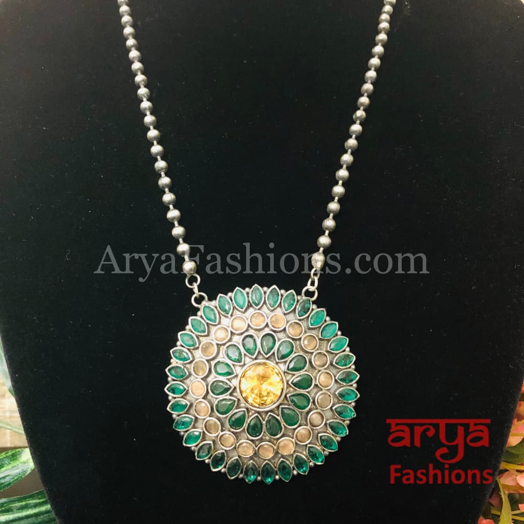 Round Multicolor Stones Oxidized Silver Pendant with Chain