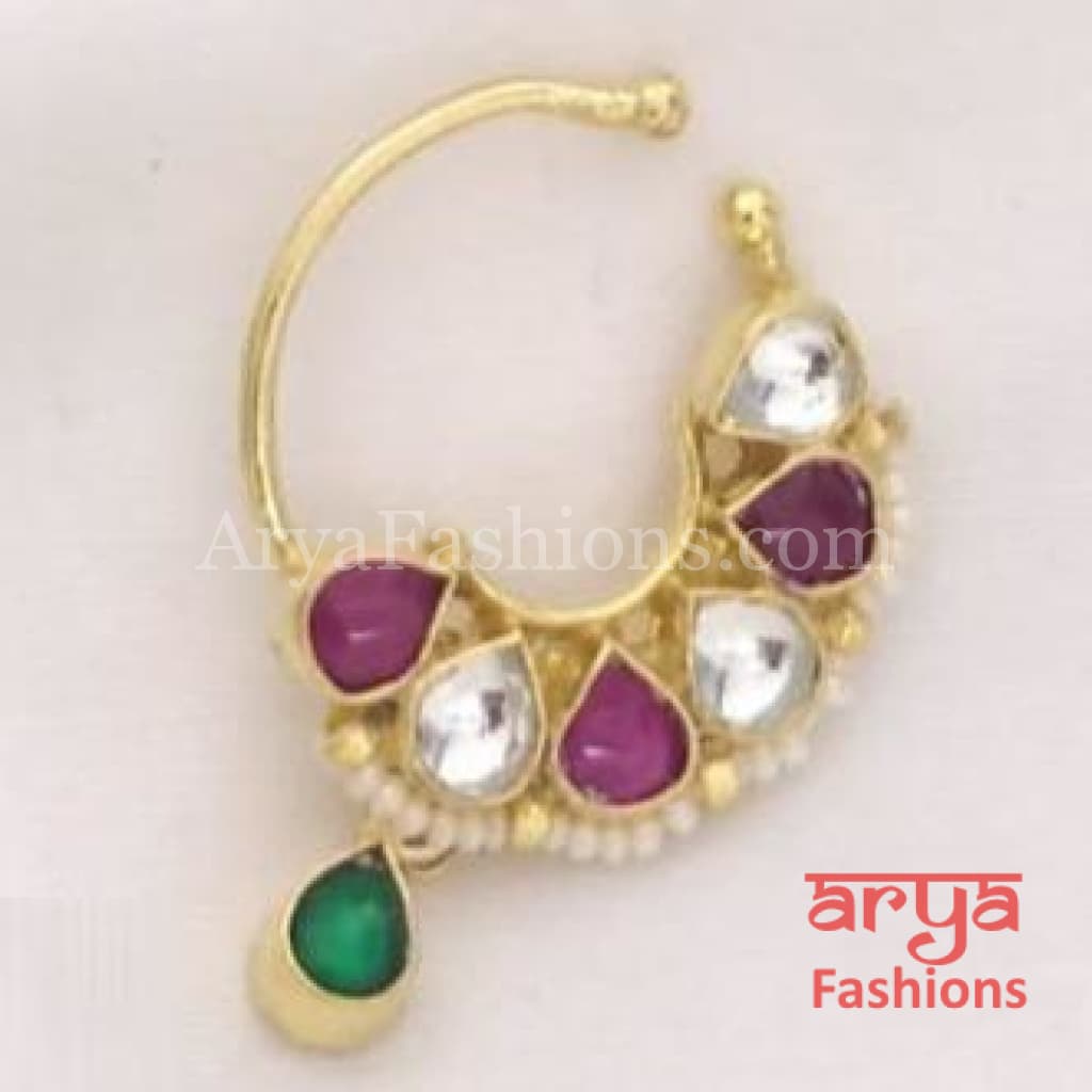 Round Nose Ring/ Kundan CZ non piercing nose ring/Kundan Bridal Nosepin