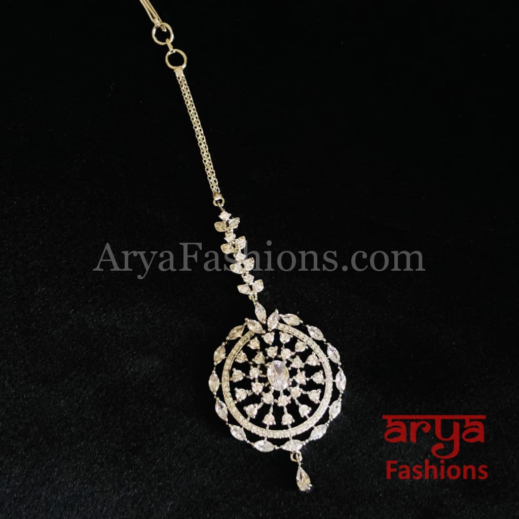 Round Silver CZ Mang Tika/Golden Maang Tikka