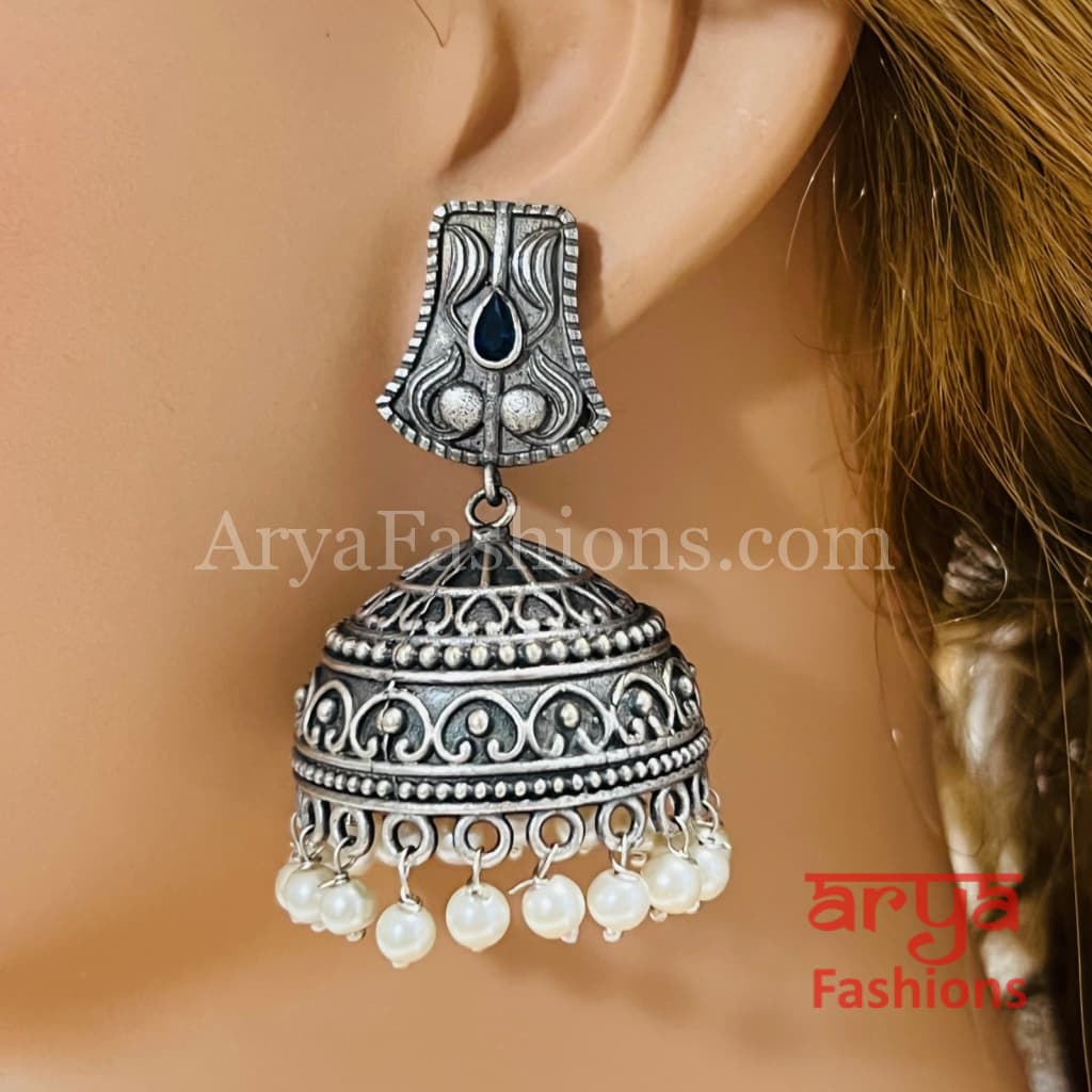 Round Silver Oxidized Jhumka Earrings