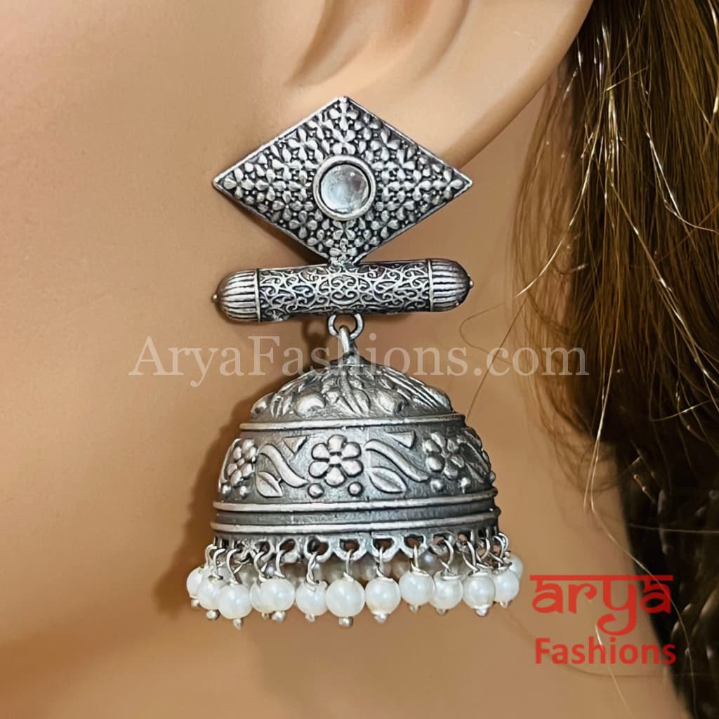 Round Silver Oxidized Jhumka Earrings