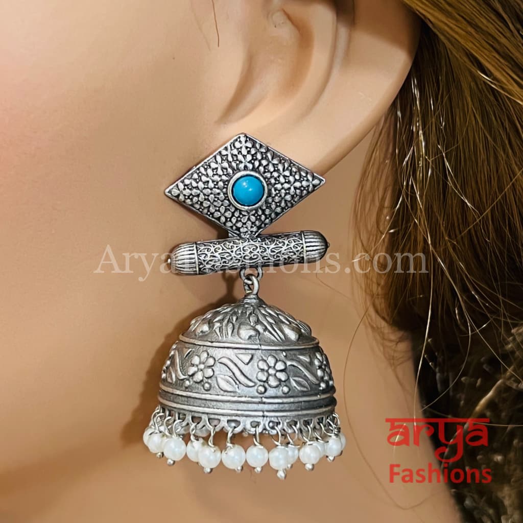 Round Silver Oxidized Jhumka Earrings