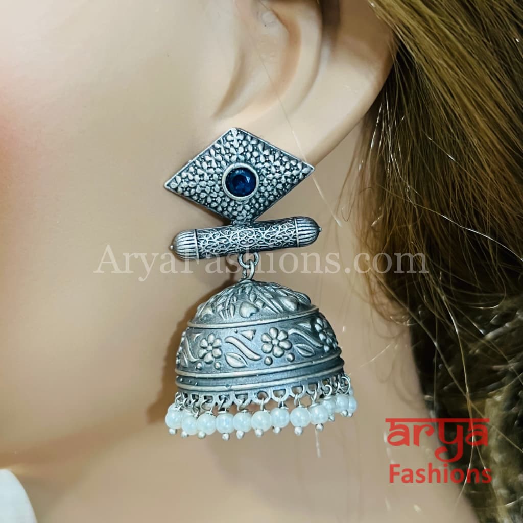 Round Silver Oxidized Jhumka Earrings