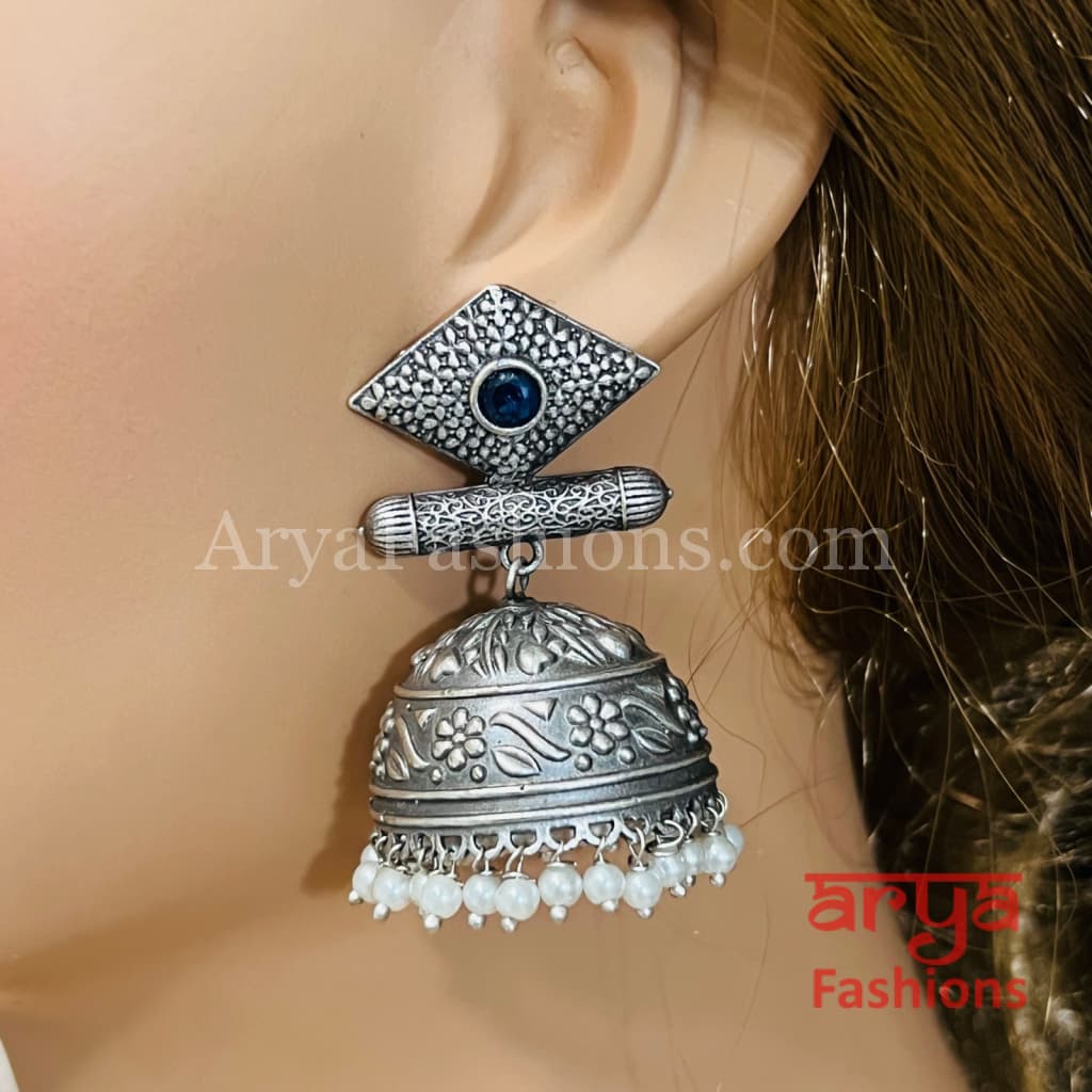 Round Silver Oxidized Jhumka Earrings