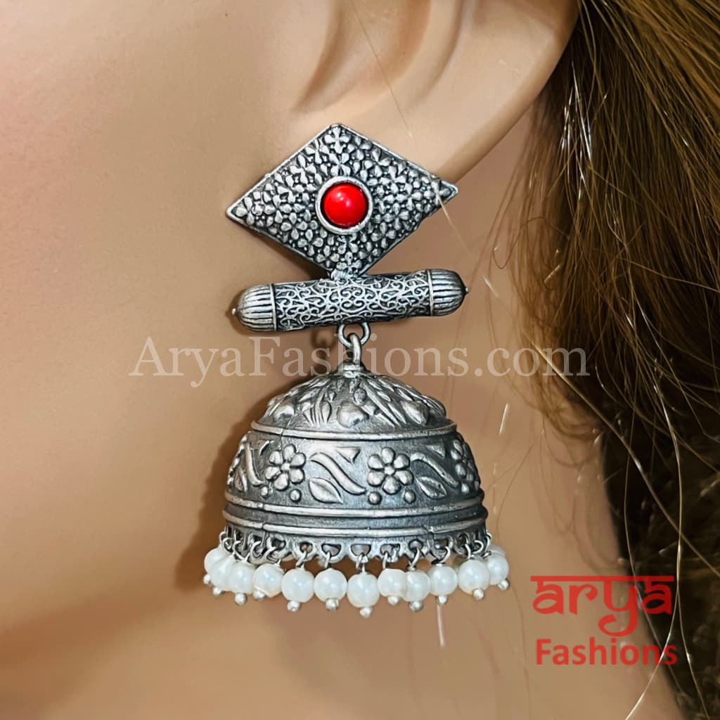 Round Silver Oxidized Jhumka Earrings