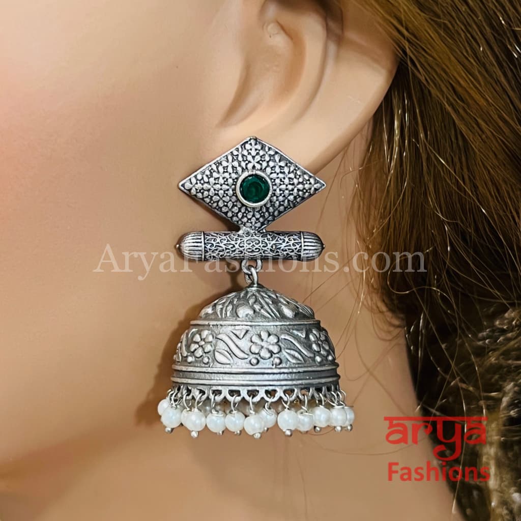 Round Silver Oxidized Jhumka Earrings