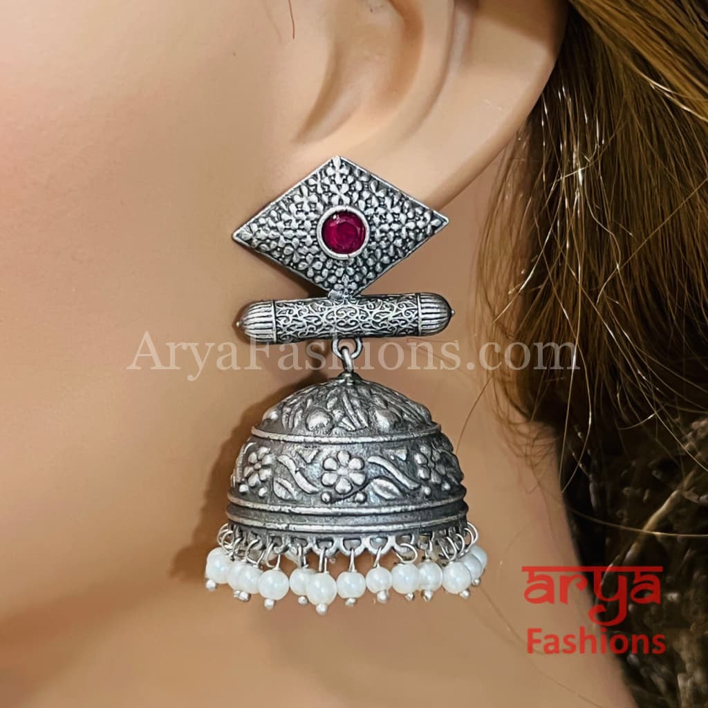 Round Silver Oxidized Jhumka Earrings