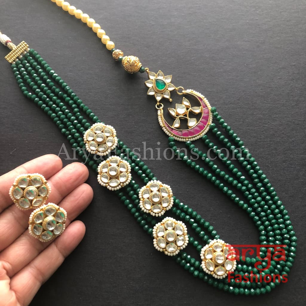 Roza Emerald Green Long Beads Necklace/ Jaipuri Ruby Kundan Necklace