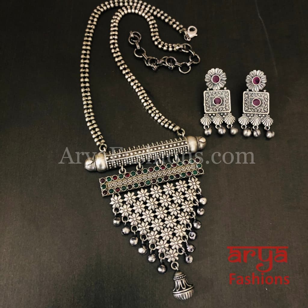 Rubina Oxidized Silver Tribal Pendant Necklace with Chain