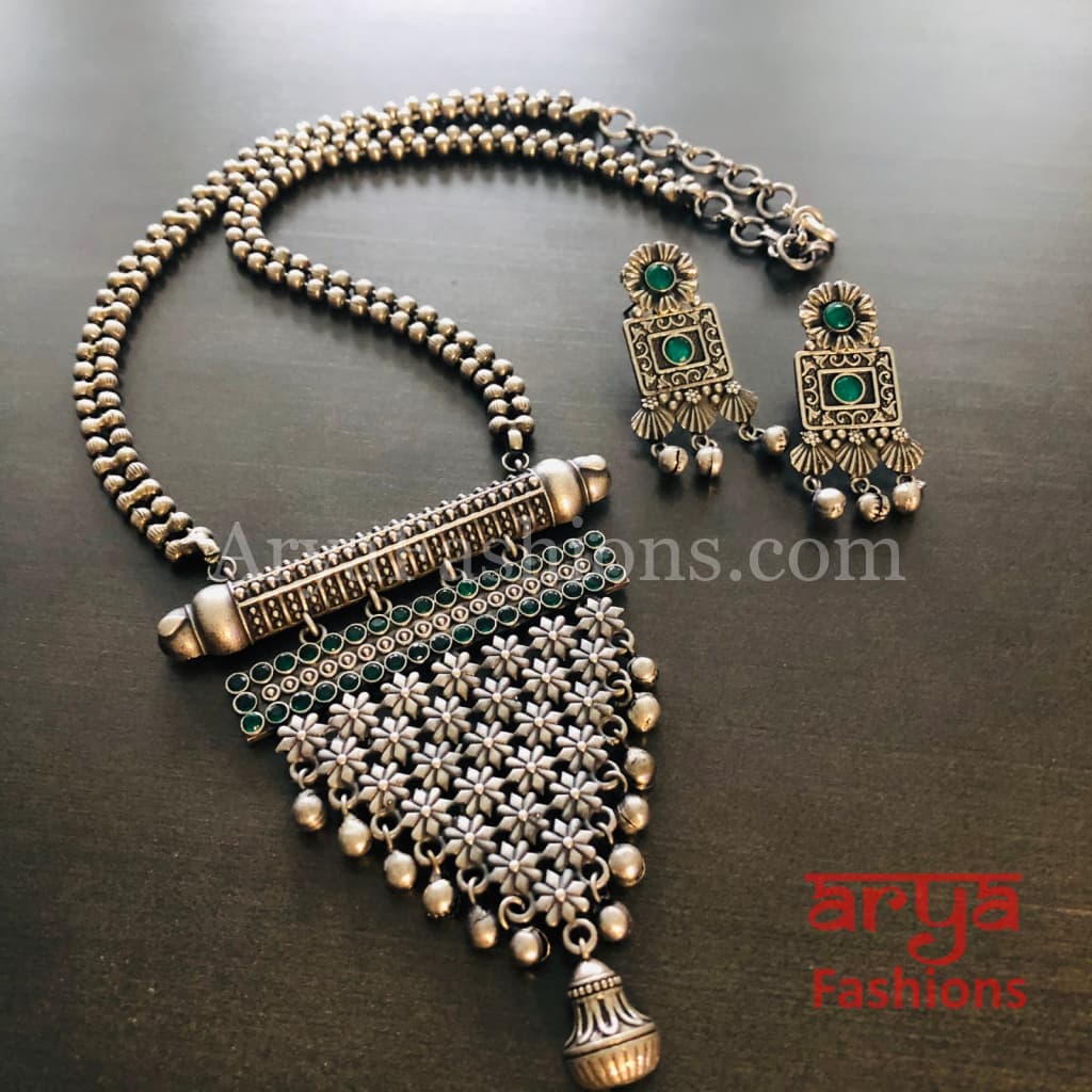 Rubina Oxidized Silver Tribal Pendant Necklace with Chain