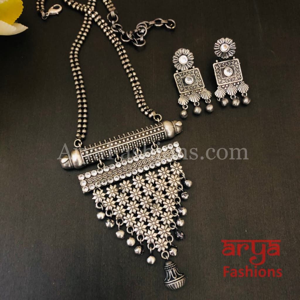 Rubina Oxidized Silver Tribal Pendant Necklace with Chain