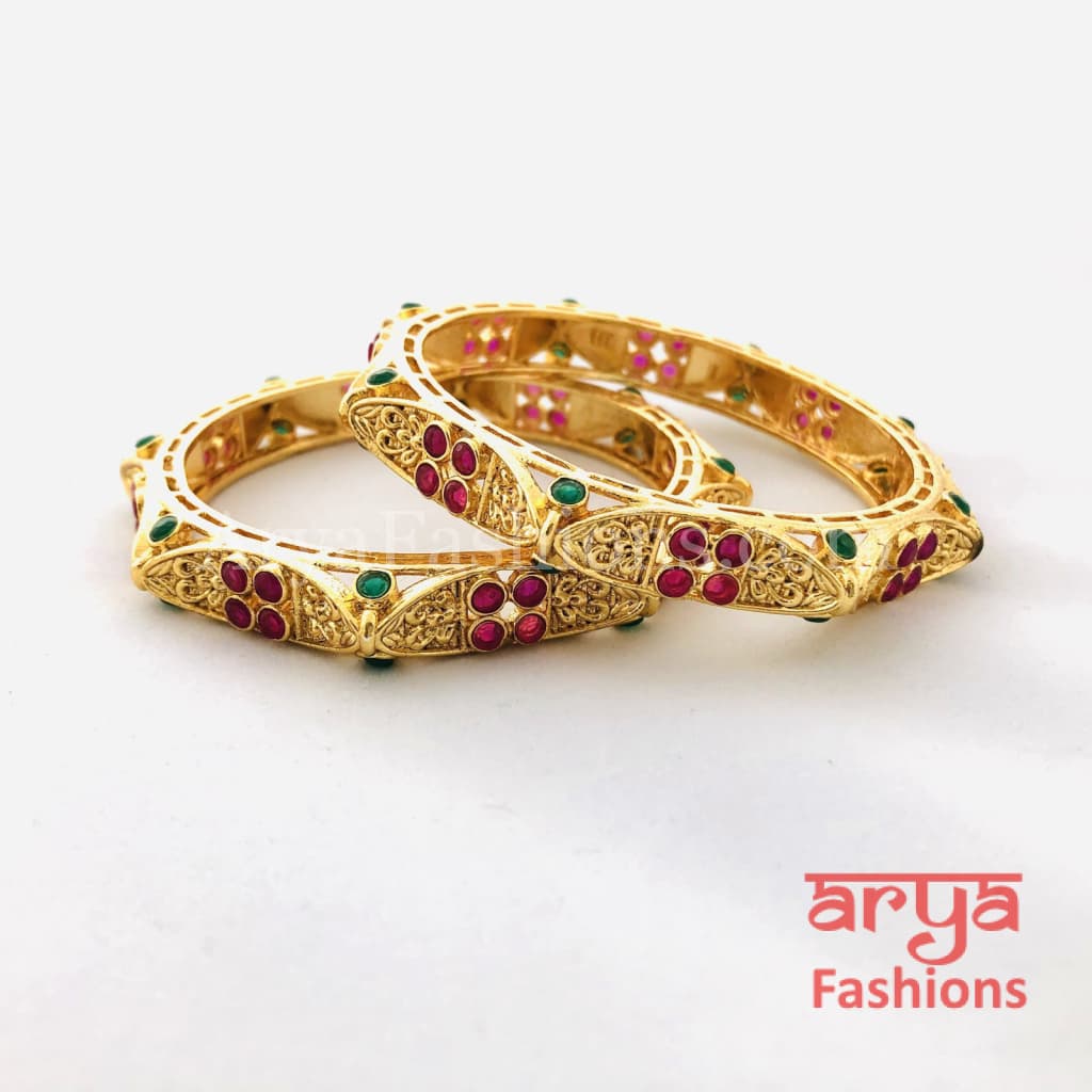 Ruby Kundan CZ Openable Kadas Pair of 2 Bangles