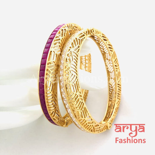 Ruby Kundan CZ Openable Kadas Pair of 2 Bangles