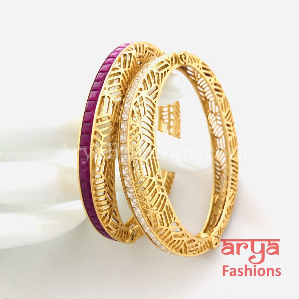 Ruby Kundan CZ Openable Kadas Pair of 2 Bangles