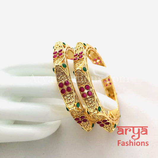 Ruby Kundan CZ Openable Kadas Pair of 2 Bangles