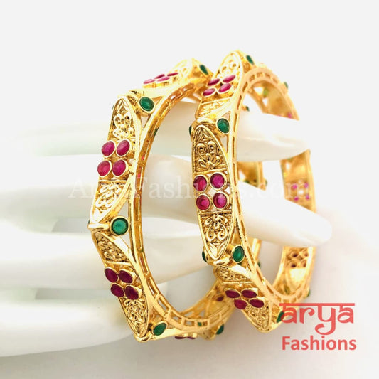 Ruby Kundan CZ Openable Kadas Pair of 2 Bangles