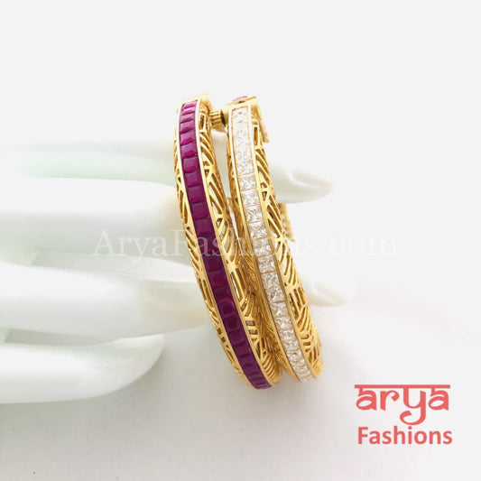 Ruby Kundan CZ Openable Kadas Pair of 2 Bangles