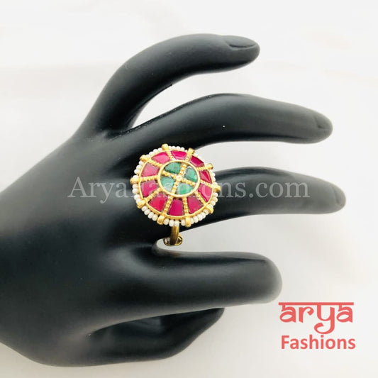Ruby Kundan Green Meenakari Jadau Golden Ring