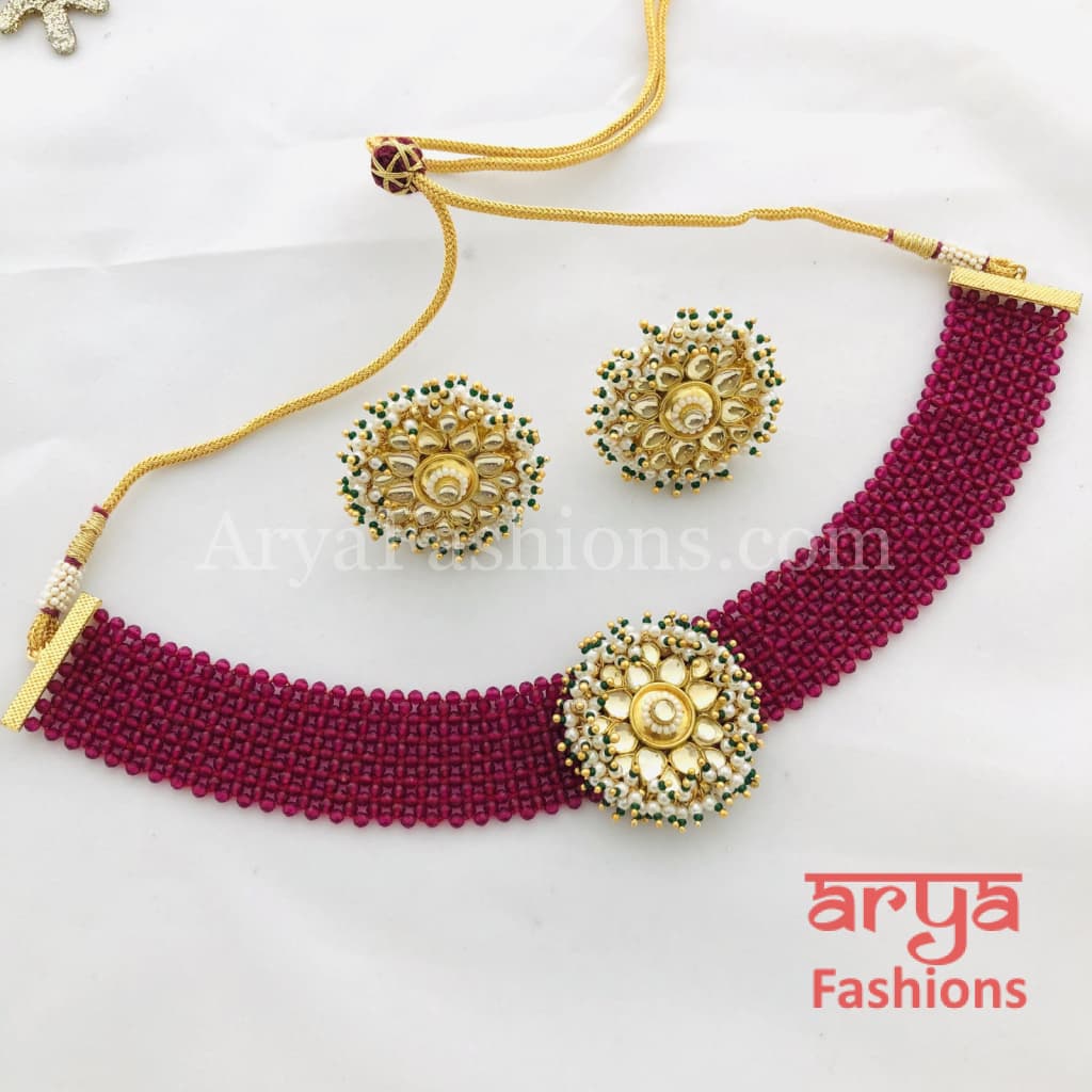 Ruby Kundan Pearl Choker with Stud Earrings