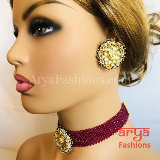 Ruby Kundan Pearl Choker with Stud Earrings