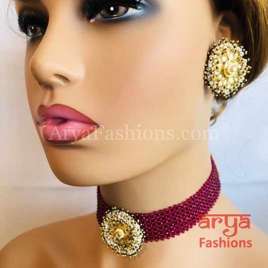 Ruby Kundan Pearl Choker with Stud Earrings