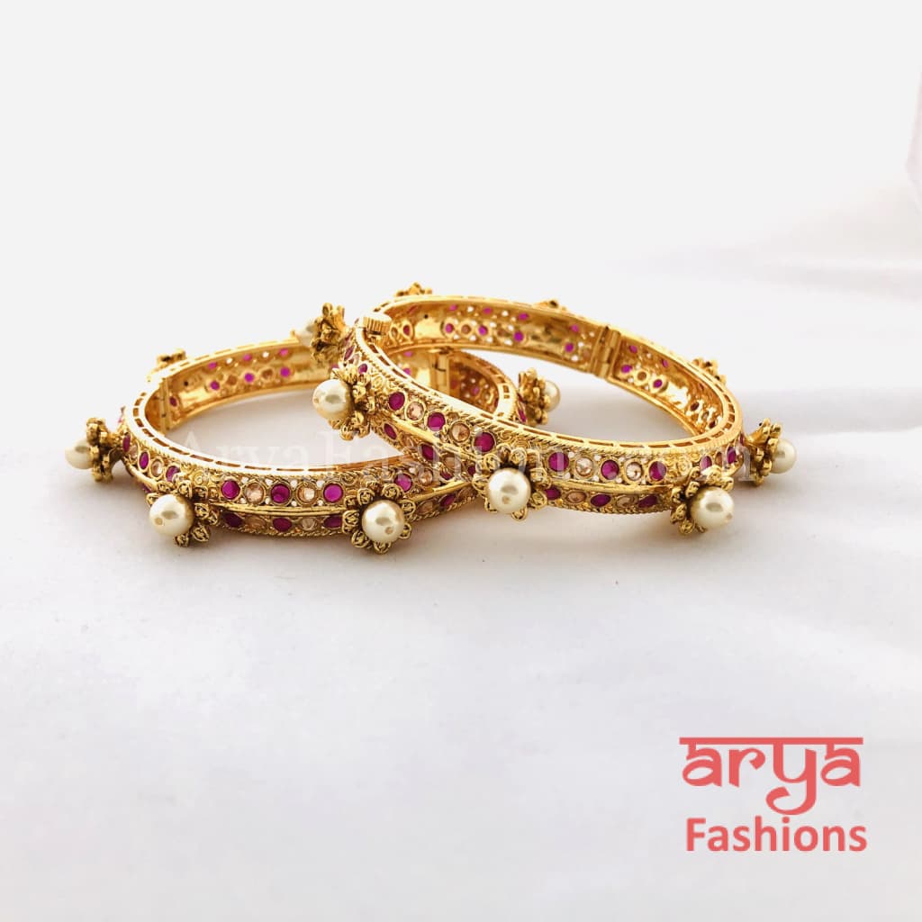 Ruby Kundan Rajwadi Bangles with Pearls Pair of 2