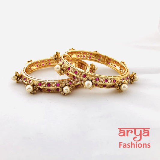 Ruby Kundan Rajwadi Bangles with Pearls Pair of 2