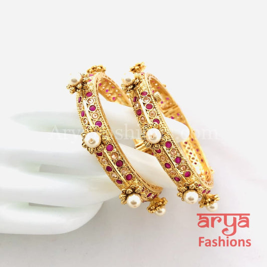 Ruby Kundan Rajwadi Bangles with Pearls Pair of 2