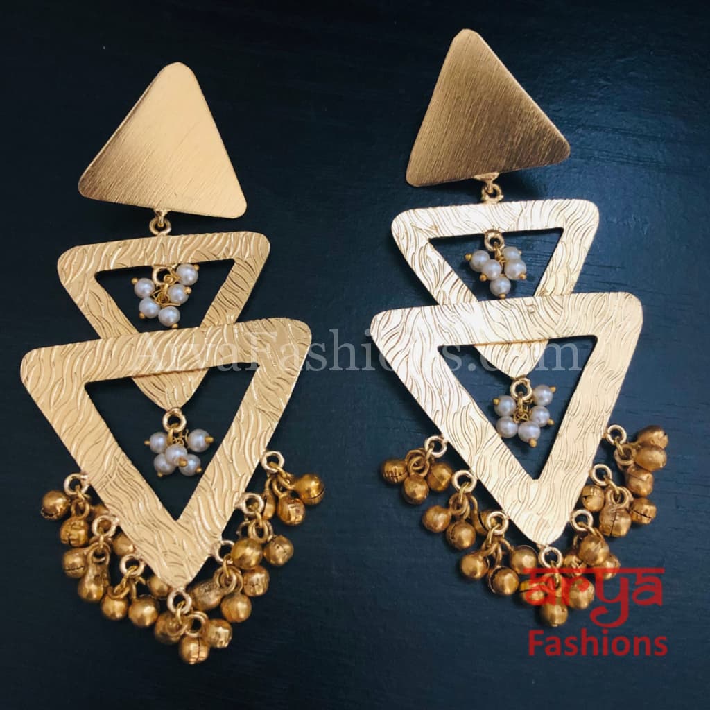 Rumi Golden Fusion Indian Earrings with Pearl and Ghungroo beads