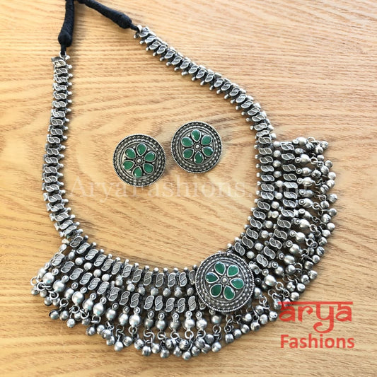 Samaira Statement Silver Oxidized Tribal Choker Necklace with Studs earrings