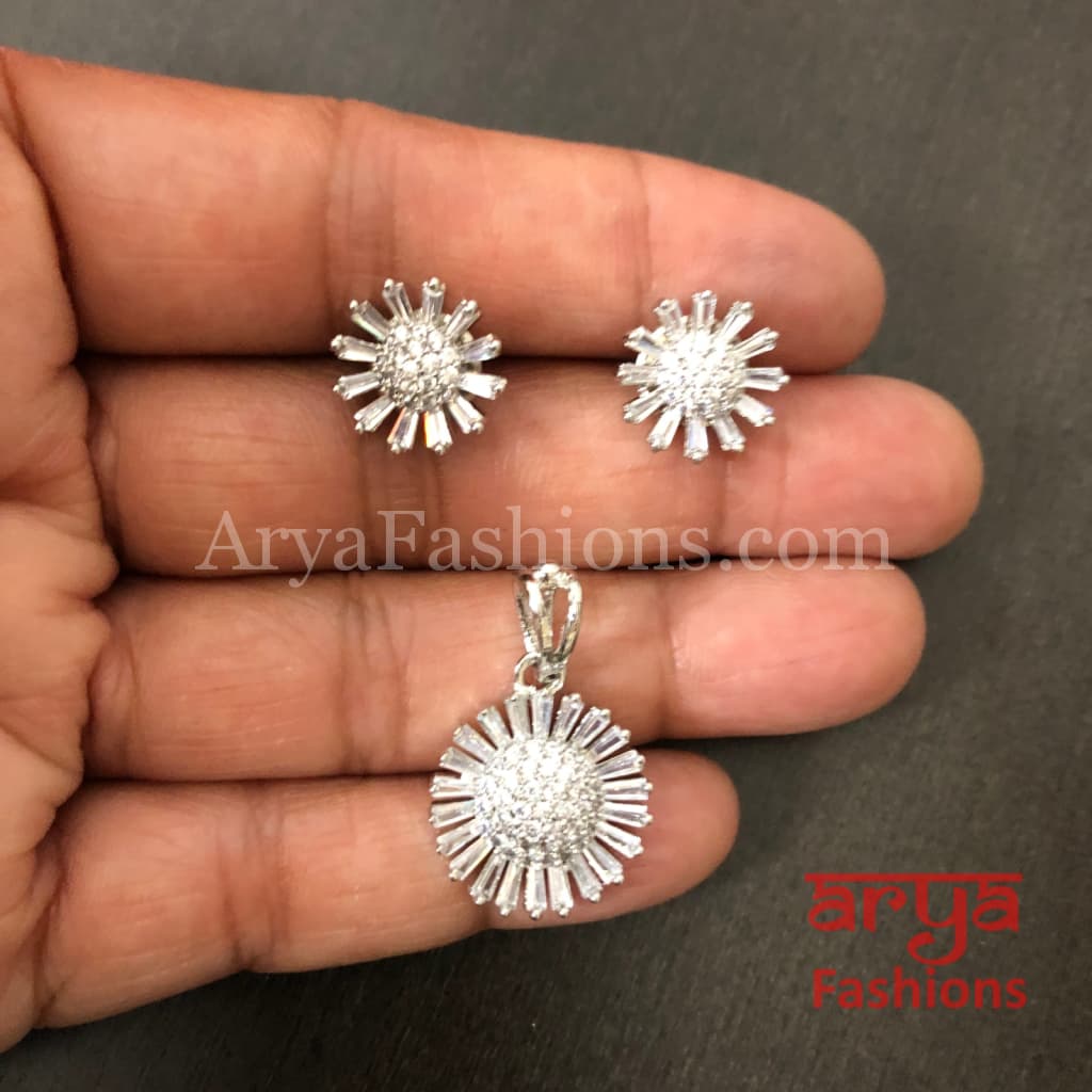 Sasha Silver Cubic Zirconia Flower Pendant with Stud Earrings