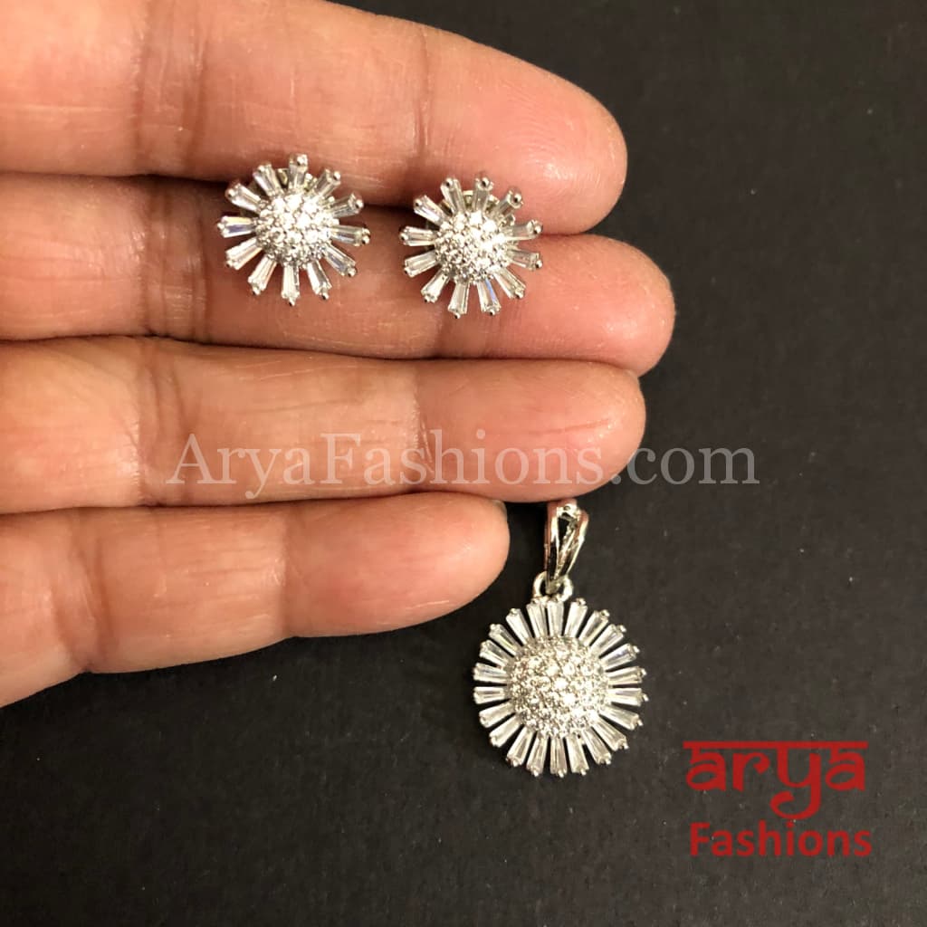 Sasha Silver Cubic Zirconia Flower Pendant with Stud Earrings