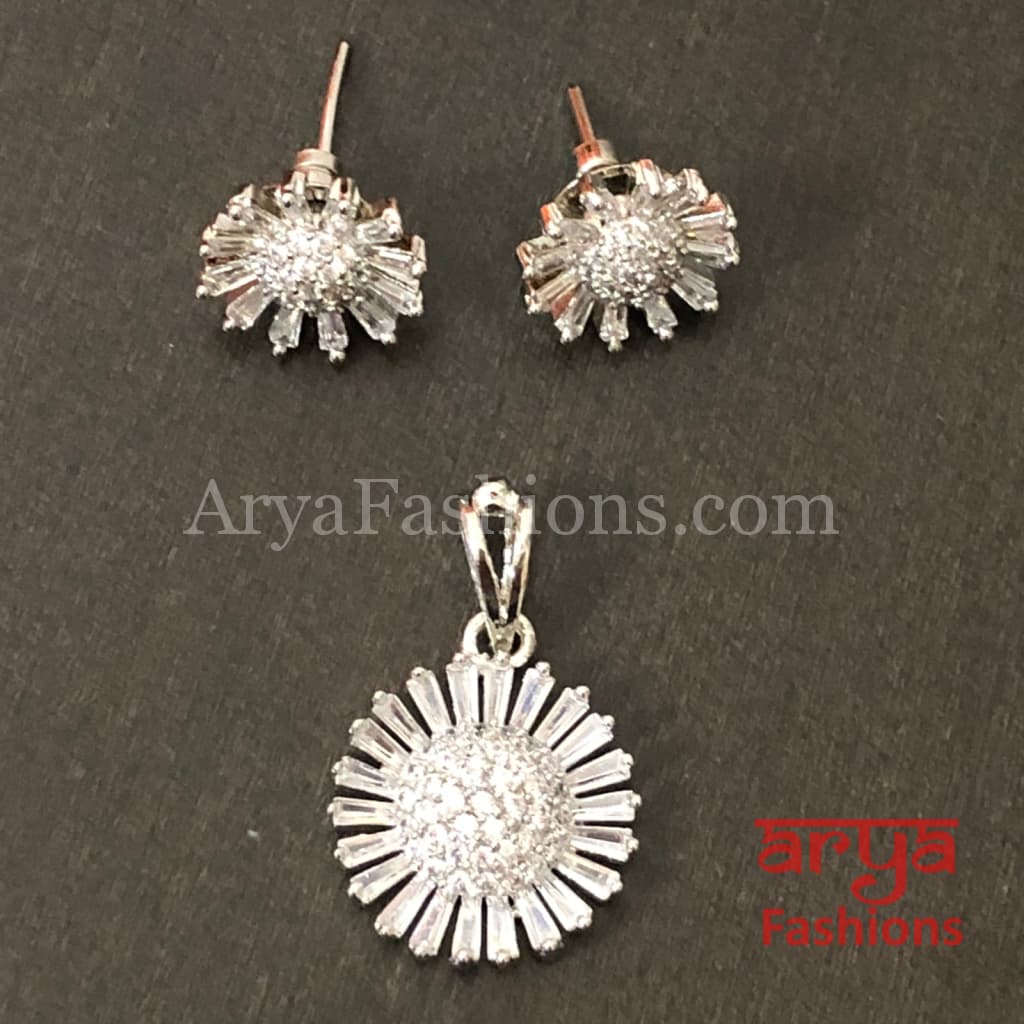 Sasha Silver Cubic Zirconia Flower Pendant with Stud Earrings