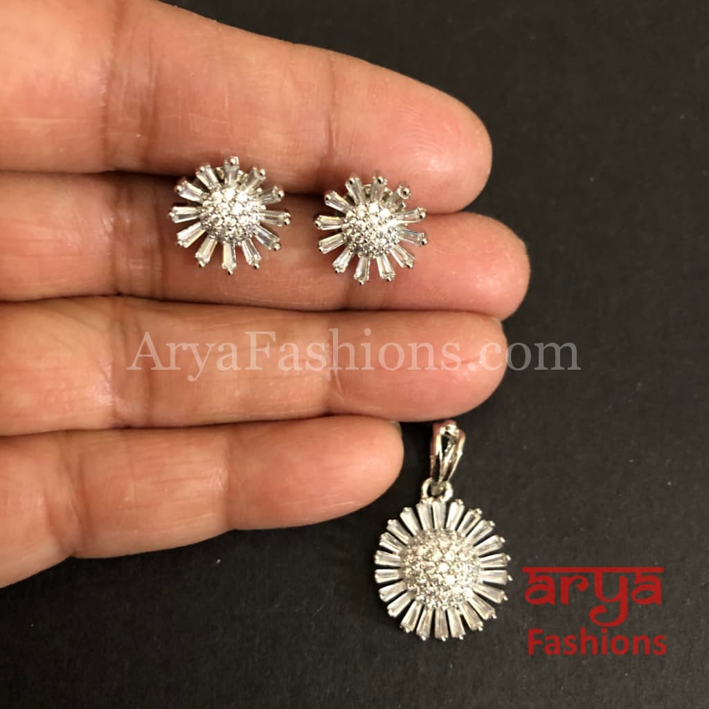 Sasha Silver Cubic Zirconia Flower Pendant with Stud Earrings