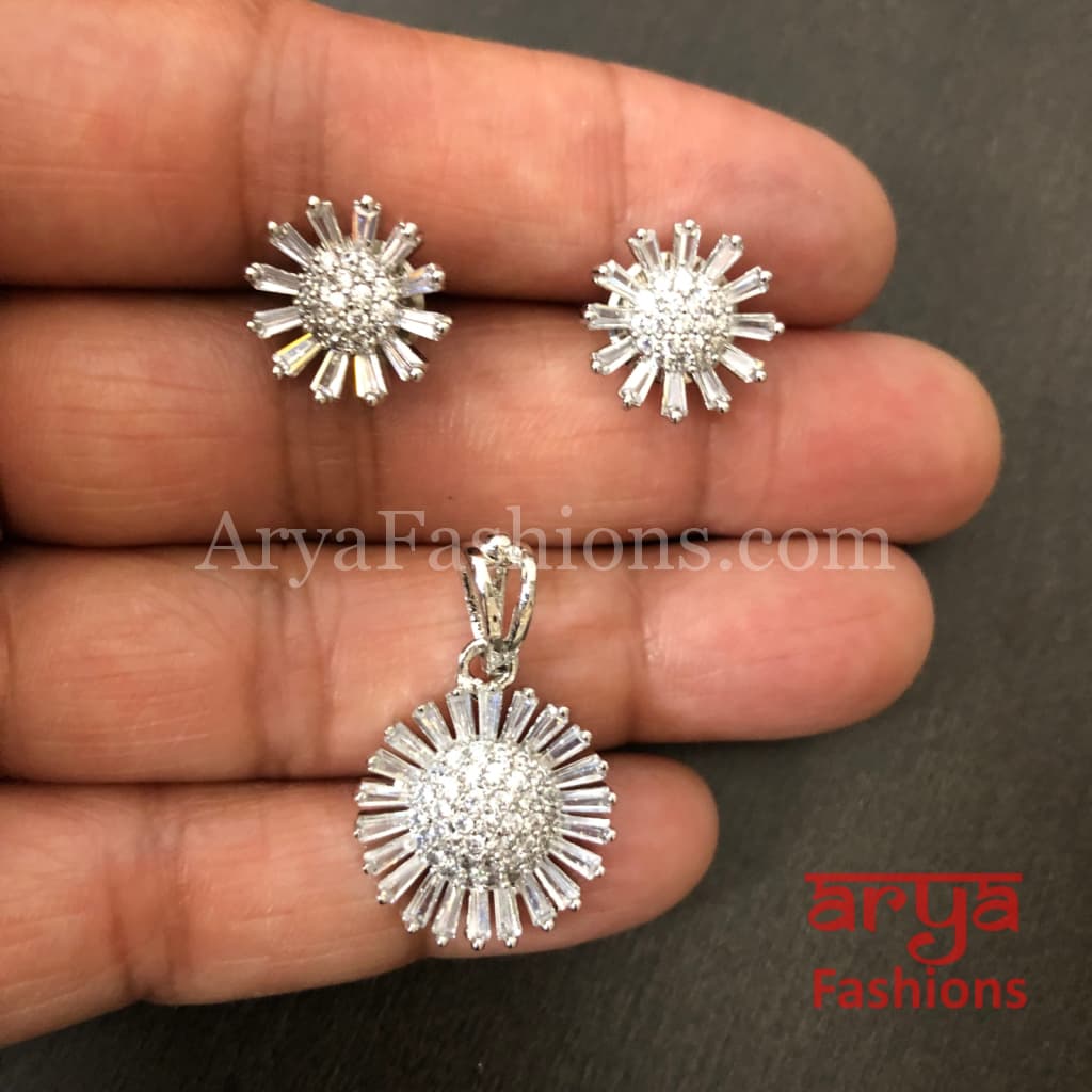 Sasha Silver Cubic Zirconia Flower Pendant with Stud Earrings