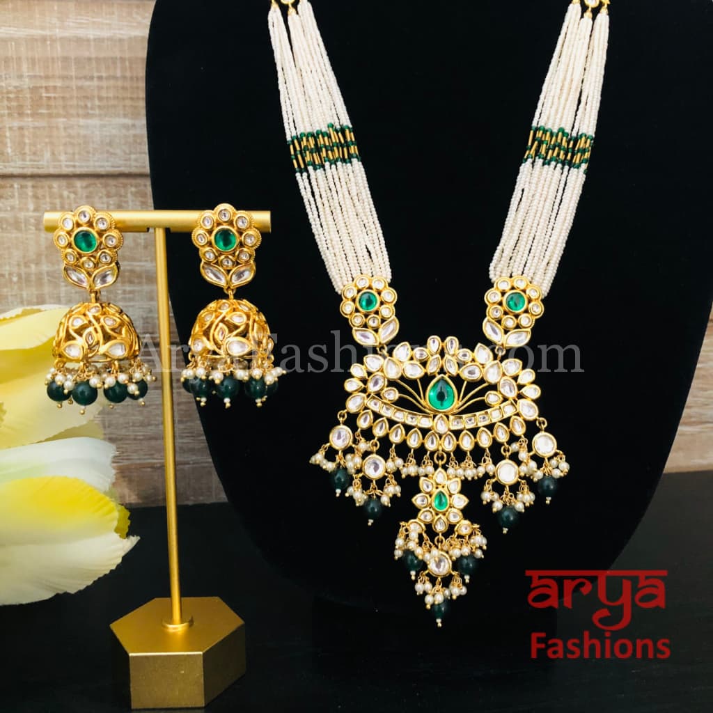 Shaira Long Pacchi Kundan Emerald Statement Necklace/ Rajwadi Ruby Necklace