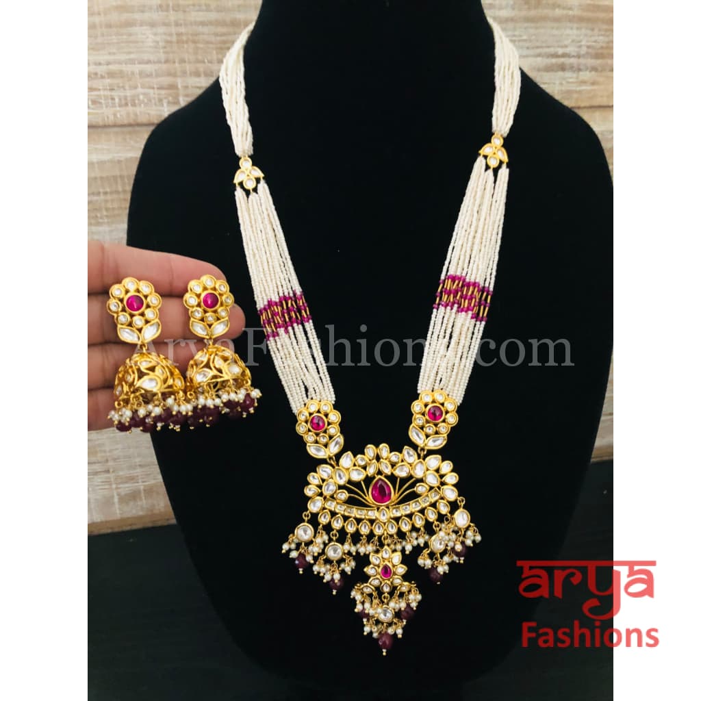 Shaira Long Pacchi Kundan Emerald Statement Necklace/ Rajwadi Ruby Necklace